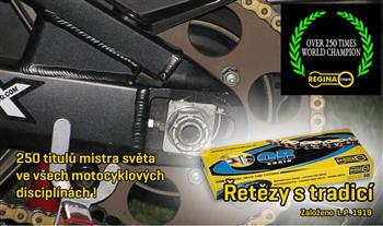 Kvalitní řetězové sady Regina a Izumi, brzdové kotouče, hnací řemeny a zpětná zrcátka.